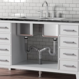 Oblectatio Double Sink Drain Kit - Flexible 1-1/2 & 1-1/4 P-Trap Plumbing Pipe for Kitchen & Bathroom - Expandable Gray Drain Assembly for Sink Bowl