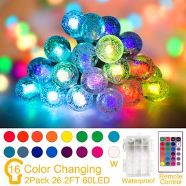 Coloured Globe String Lights Battery Operated，2 Pack 26.2FT 60 LED 16 Colour Changing Water Proof Crystal Ball Outdoor String Lights with Remote Control for Home, Patio,Party, Christmas, Garden Decor