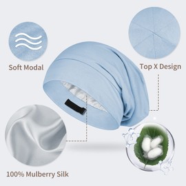 OLESILK Silk & Cotton Jersey Hat Lightweight and Soft Slouch Beanie Reversible Hat Knitted Hat Unisex Adjustable for Men and Women, Mist Blue