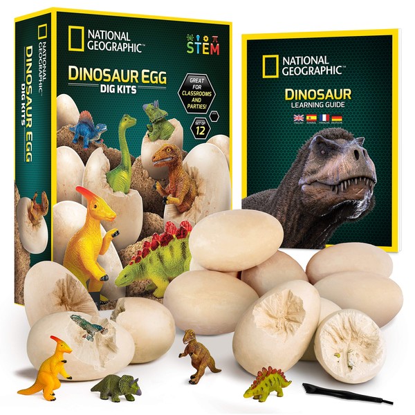 NATIONAL GEOGRAPHIC Dinosaur Dig Kit - 12 Dino Shaped Dig Bricks with Figures Inside, 12 Excavation Tool Sets, Perfect Activity for Egg Hunt or Dig Party, Great STEM Toy for Boys and Girls