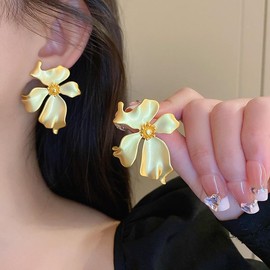Gold Statement Earrings for Women, Trendy Large Flower Square CZ Earrings Statement Unique Chunky Gold Hypoallergenic Earrings Stud for Teen Girls Jewelry Gifts (State2)