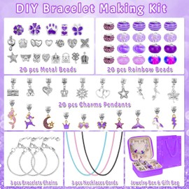 Girls Bracelet Making Kit, A Perfect Birthday Gifts for girls age 6 7 8 9 10, Jewelry Making Kit with Jewelry Box, Fun and Easy to Make, Cute Sparkling that Inspires Creativity and Self-Expression (Purple with Jewelry Storage Box)