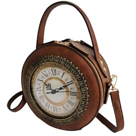 Lyuxhetaokdiq Women Classic Retro Clock Shaped Crossbody Shoulder Bag Handbag PVC Unique Novelty Clock Purse(3 Brown)