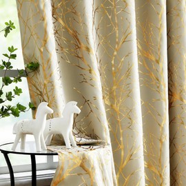 Fmfunctex Beige Gold Blackout Curtains for Living Room 90 inch Drop Eyelet Curtains for Bedroom Tree Branch Foil Thermal Insulated Window Curtain Panels 2 Panels