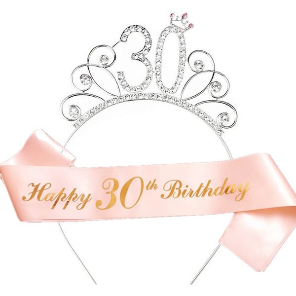 30 Years Birthday Woman Tiara Birthday Crown with Happy 30th Birthday Satin Sash Rose Gold for Birthday Parties or Birthday Cakes Decorations