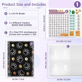 100 Envelopes Money Saving Challenge Binder, A5 Budget Binder with 25 pcs Cash Envelopes, 3 pcs Reusable Laminated Trackers Saving $5050, $500, $10000, Money Organizer,Cute Dog Paw Prints Gold White