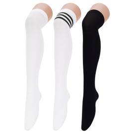 Century Star Thigh High Socks for Women Tube Extra Long Over Knee Socks Triple Stripes Socks Warm Stockings 3 Pack Black White WhiteBlackStripes One Size