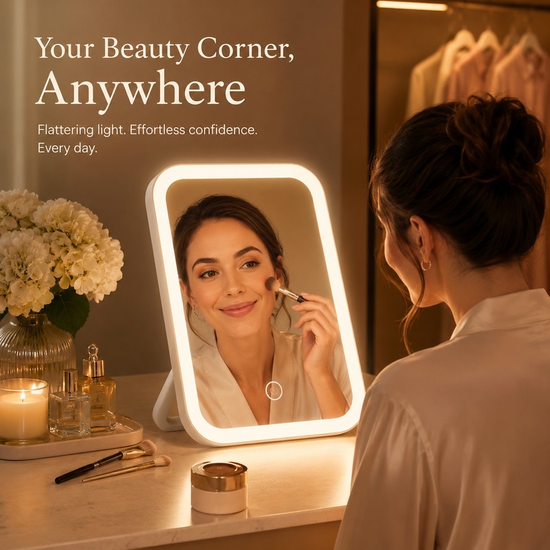LED Makeup Mirror for Travel & Bedroom – 3-Color Dimmable