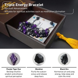 Triple Protection Energy Bracelet, Healing Crystals for Negative Energy Protection, Unisex Amulet with Obsidian, Tiger Eye, and Onyx Stones, Spiritual Jewelry for Men and Women, Healing, Manifestation, and Wellness(8mm Purple Tiger Eye Obsidian Bracelet)