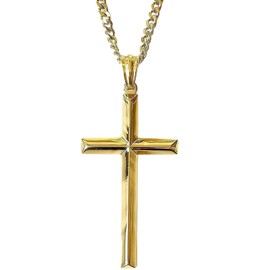 Zaloyi Men's 24k Gold Plated Beveled Cross Necklace with 3mm Cuban Link Chain (24 inch)