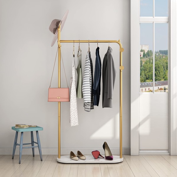 Gold Coat Rack Freestanding Coat Rack with Natural Marble Base, Entryway Coats Hanger Stand with 3 Hooks, Home Hotel Hall Tree-Gold