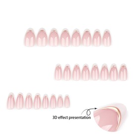 White French Tip Press on Nails Short Almond Fake Nails with Designs 3D Gold False Nails Nude Glossy Full Cover Acrylic Nails Artificial Stick on Nails Cute Glue on Nails for Women Manicure 24Pcs