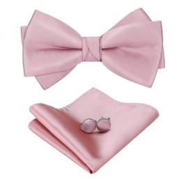 HOULIFE Bow Tie Men's Set - Adjustable Satin Polyester Bow Tie Pre-tied Bow Tie, Plain Pocket Square, Cufflinks Set for Groom Wedding Formal with Gift Box, pink