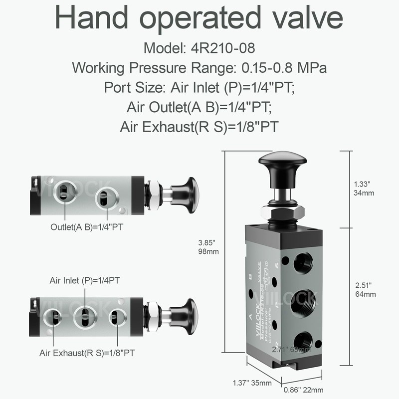VIILOCK Pneumatic Air Hand Lever Valve, 5 Way 2 Position
