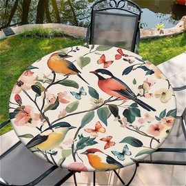 Outdoor Round Tablecloth with Elastic Band, Diameter 36 Inches (90 cm) - Elastic Garden Tablecloth with Flowers and Birds Pattern, Tables Garden Tablecloth for Outdoor Kitchen
