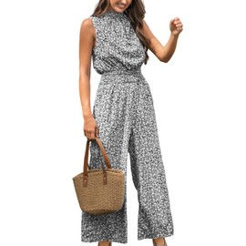 CUPSHE Women's Jumpsuit Flowers Stand-Up Collar Jumpsuit Sleeveless Wide Leg Long Playsuit Summer Loose Trouser Suit with Pockets, Black floral design, M