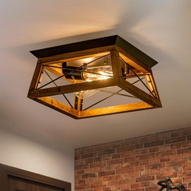 Rpzloila Farmhouse Ceiling Light, 2-Light Flush Mount Light Fixture with Metal and Wood Design, Rustic Light Fixture for Kitchen, Entryway, Hallway, Bedroom