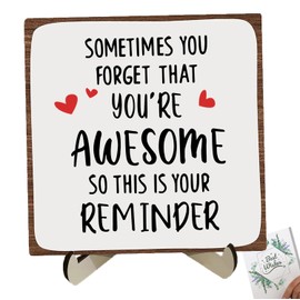 Hiagkmet Sometimes You Forget You're Awesome Wooden Sign 5.9 x 5.9 Inch Positive Reminder Inspirational Wood Plaque With A Support Frame, Desk Table Sign Home Office Social Worker Appreciation Gifts