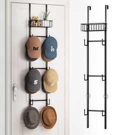 HapiRm Over Door Hat Rack - Wall Mounted Hat Organizer with 6 Hooks and Metal Basket Design, Baseball Cap Organizer Storage Holder Up to 32 Caps for Door, Bedroom, Closet (Black)