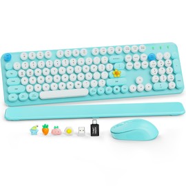 Wireless Keyboard and Mouse Combo, Full-Size Retro Typewriter Keyboard with Detachable Wrist Rest, Round Keycaps, Sleep Mode & Tilt Legs, 2.4GHz Cordless Connection for Windows/PC (Robin Egg Blue)