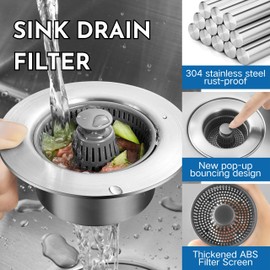 RegBogen 3 in 1 Kitchen Sink Drain Strainer, Kitchen Gadgets Clearance Sink Accessories with Anti-Clogging Basket (Grey, More holes)