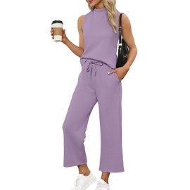 SAMPEEL SAMPEEL Two Piece Set for Women Summer Outfits Vacation Trendy Lounge Sets Mock Neck Matching Sets Women Clothing Wide Leg Crop Pants Set Travel Airport Sweat Set