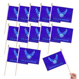 HSQCEZ 12Pcs Small USA Air Force Wings Flags on Wooden Stick Mini Military Flag Hand Held Flag Decorations,5x8 Inch