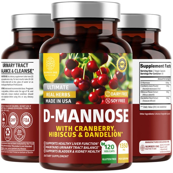 Number One Nutrition N1N Premium D Mannose with Cranberry and Hibiscus [Max Strength, 1350mg] Naturally Supports Urinary Tract Health, Flush Impurities and Bladder Health, 120 Veg Caps