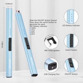 MEIRUBY Lighter Electric Candle Lighter Long Electronic Rechargeable USB Lighter Arc Windproof Flameless Lighters for Candle Camping BBQ Birthday Women's Day Gifts for Women Mom Wife Men, Light Blue