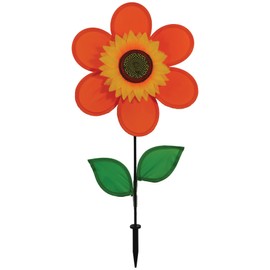 In the Breeze 2704 — 12-inch Orange Sunflower Wind Spinner with Leaves — Colorful Flower for Yard and Garden