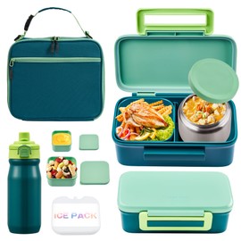 JXXM Bento Lunch Box for Kids With 8oz Thermo, Leakproof Bento Box with with 2 Compartments, Insulated Bottle, Lunch Bag, BPA Free Dishwasher Safe for School Girls Boys (Green)