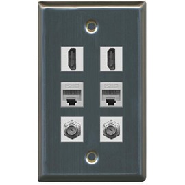 RiteAV - 2 HDMI 2 Port Coax Cable TV- F-Type 2 Port Cat5e Ethernet Wall Plate - Stainless Steel