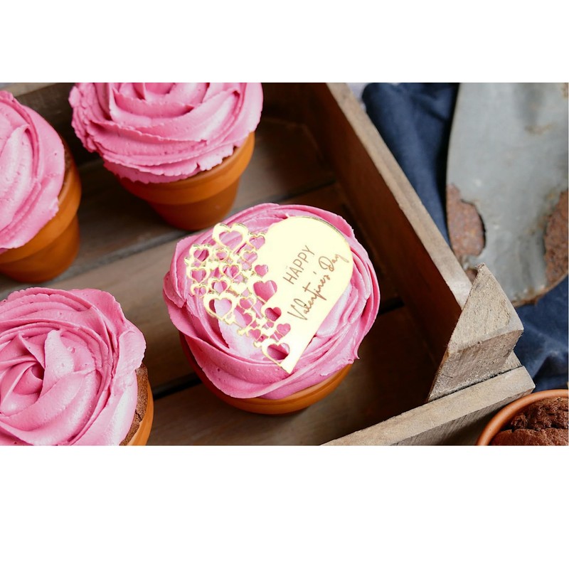 6x Valentine's Day Acrylic Cupcake Toppers Heart shaped Tags Valentines