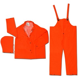MCR Safety 2413L Classic Plus PVC/Polyester 3-Piece Corduroy Collar Rain Suit with Detachable Hood and Bibpant, Orange, Large