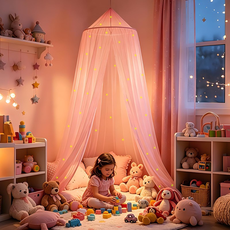 WIYIXI Glowing Stars Pink Bed Canopy for Princess Netting Room