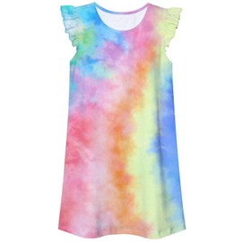 uideazone Girls Nightgowns Size 9-10 Tie Dye Pajamas Dress Flutter Sleeveless Nightdress Rainbow Sleepwear Casual Nightshirt Dress