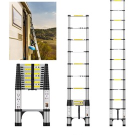 FEETE 12.5FT Telescoping Ladder, Aluminum Lightweight Extension Ladder w/Triangle Stabilizers, 330lbs Capacity Retractable Ladder for RV Home and Outdoor Silvery
