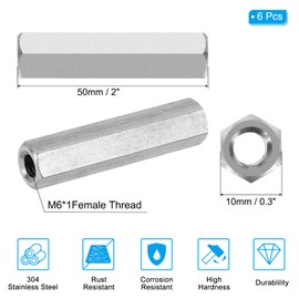 PATIKIL M6 x 1-Pitch 304 Stainless Steel Hex Coupling Nuts, 6Pcs 50mm/ 2" Length Coarse Fully Threaded Rod Coupling Nut Studding Connector Fasteners, Silver Tone