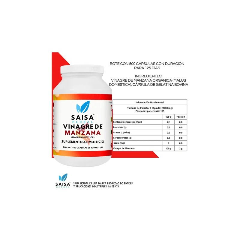 Vinagre De Manzana 500 Cápsulas | Saisa Herbal | Control