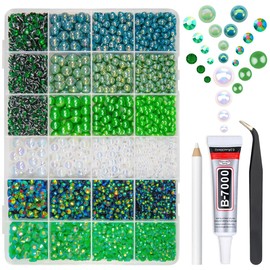 qiipii Emerald Green 3mm-10mm Flatback Pearls and Rhinestones w B7000 Jewelry Glue for Bedazzling Crafting Half Pearls Resin Stones Diamonds for Face Eyes Makeup Tumblers Bottles Crafts Grad Cap Shoes