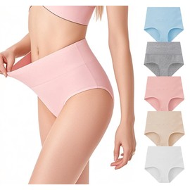 Lashapear Womens High Waist Underwear Solid Color Tummy Control Cotton Brief Panties 5 Pack, LightColor, X-Large