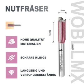 WOBLLMX 3 Blades Groove Cutter 8 mm Shank, Diameter 10 mm Working Length 30 mm Professional Carbide Fitted Groove Cutter Standard for Wood Density Plate Accessories Hand Milling (Total Length: 90 mm)