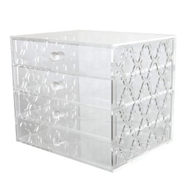 QGoods Acrylic Plastic Handcrafted Quatrefoil Cutout Transparent Clear 4 Tier Drawer Storage Organizer Case for Jewelry Makeup Cosmetic Oversized 12.63L x 9.88W x 10.80H inches