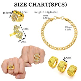 HTTDSLF 8 Piece Hip Hop Costume Set, 80s 90s Outfit, Men's Rapper Accessories for Costume Set, Dollar Chain/Large Golden Chain/Dollar Ring/Golden for Carnival Fancy Dress