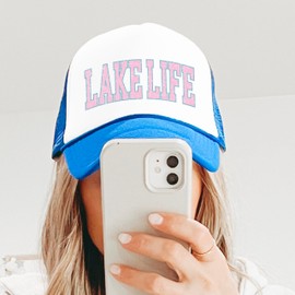 Lake Life Pink and Blue Women & Teens Classic 5 Panel Mesh Snap Back Foam Front Trucker Hat White/Neon Blue Trucker Hat