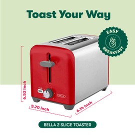 BELLA 2 Slice Toaster, Quick & Even Results Every Time, Wide Slots Fit Any Size Bread Like Bagels or Texas Toast, 750 watts, Drop-Down Crumb Tray for Easy Clean Up, Stainless Steel and Red