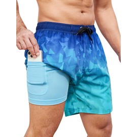 SILKWORLD Swim Trunks Men Quick Dry Bathing Suits 2 in 1 Swimming Shorts Beach Swimsuit with Zipper Pocket and Compression Liner, Gradient- Blue Geometry, XX-Large