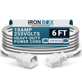 IronBox Electric C14 to C13 Power Cord - 10A/250V, 18/3 AWG SJT - UL Listed IEC Cable & Jumper Cords - Heavy Duty Power Extension Cord for Desktop Computer, Monitor, Projector, PDU & More (6ft, White)
