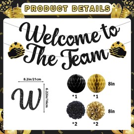 Welcome To The Team Banner Black Glitter, Welcome Banner Circle Dots Garland Hanging Swirls Paper Flowers Honeycomb Balls, Welcome Decorations for Employee Office Teacher Colleague Staff