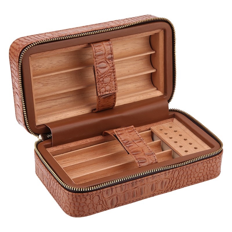 Wood Portable Travel Outdoor Cigar Humidor PU Leather Cigar Storage
